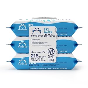 Amazon Brand – Mama Bear 98% Water Baby Wipes, Hypoallergenic, Fragrance Free, 216 Count Total (3 Packs of 72 Wipes Each)