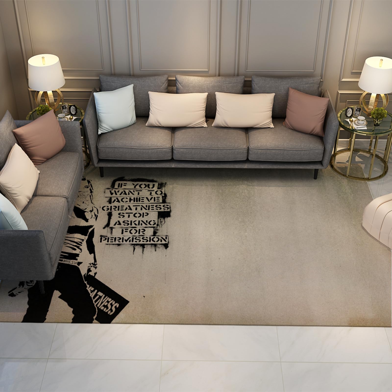 Tapis Banksy style contemporain noir et blanc lavable et antidérapant