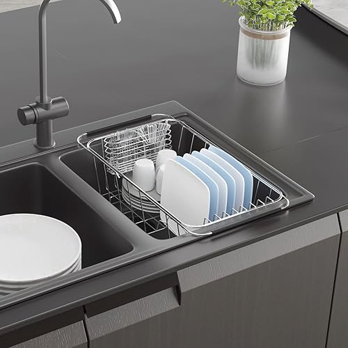 Vista 2 de JAQ Small Dish Drying Rack in Sink Adjustable 14.25" to 20.55", Expandable 304 Stainless Steel Metal Dish Drainer Rack Organizer with Stainless