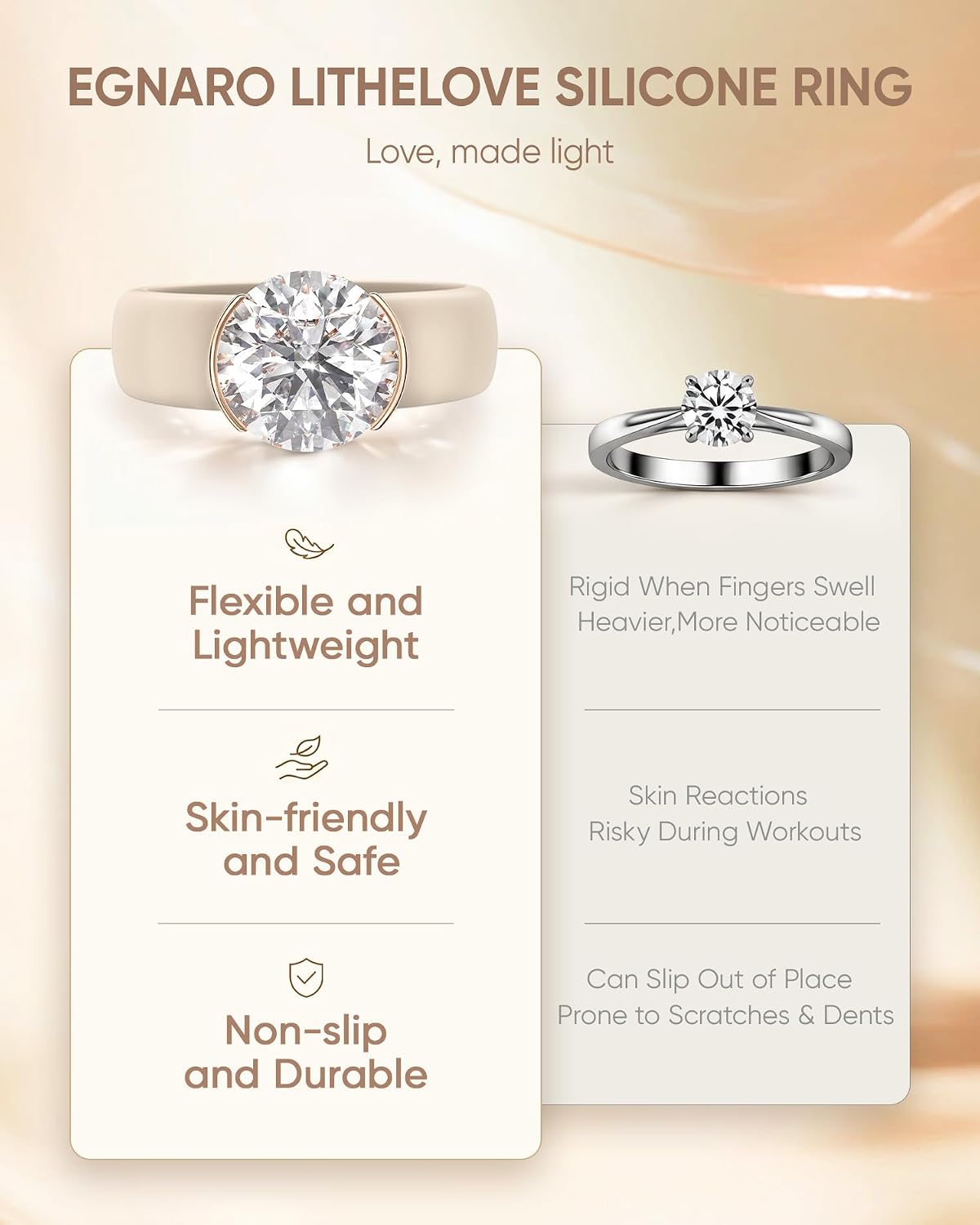 Egnaro Silicone Eternity Ring with Stone - Round Cut Cubic Zirconia Solitaire Ring for Women, Flexible Rubber Wedding Band For Work Travel Daily Wear With Gift Box