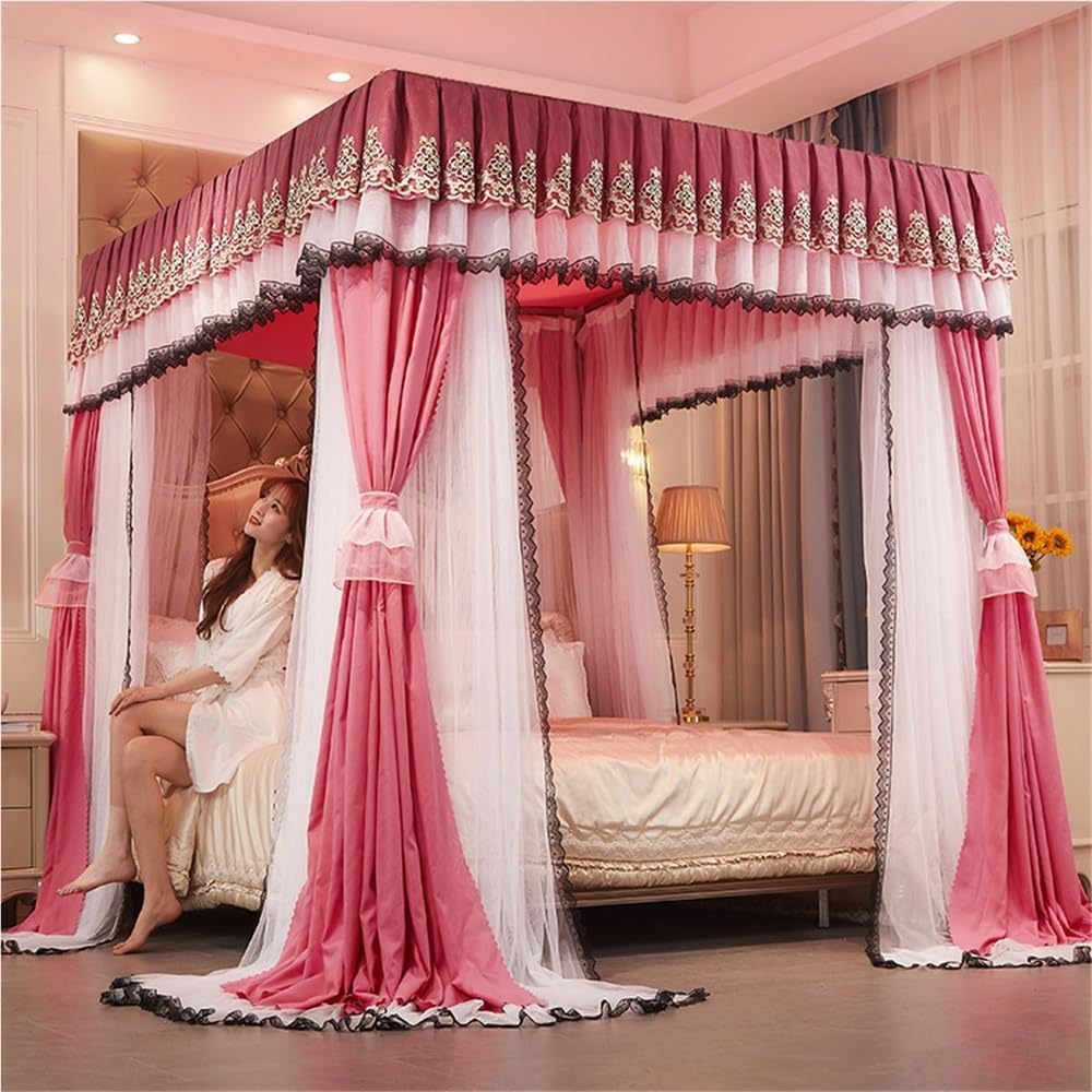 Pink Canopy Bed Curtains for Girls & Adults-Lace up Double Layer Cozy Drape Netting 4 Corner Post Bed Canopy Ruffle Princess Bed Canopy Curtain(Pink,180x200cm/Queen)