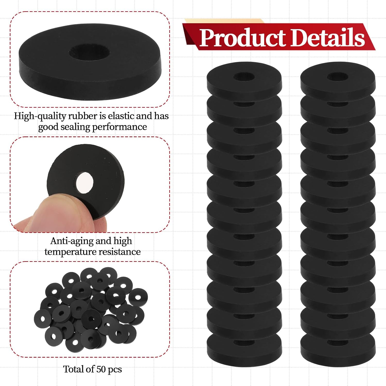 50 Pcs Flat Rubber Washers 3/4 Inch OD X 1/4 Inch ID X 1/8 Inch Thickness Spacer - Duty Abrasion Resistant Black for Screws Bolts Household Appliances
