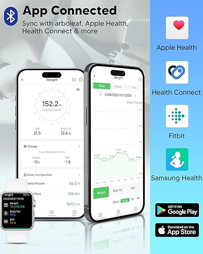 Miniatura 6 de arboleaf Báscula inteligente y cinta métrica, cinta métrica de grasa corporal y báscula inteligente para peso corporal, pesadora digital Bluetooth,