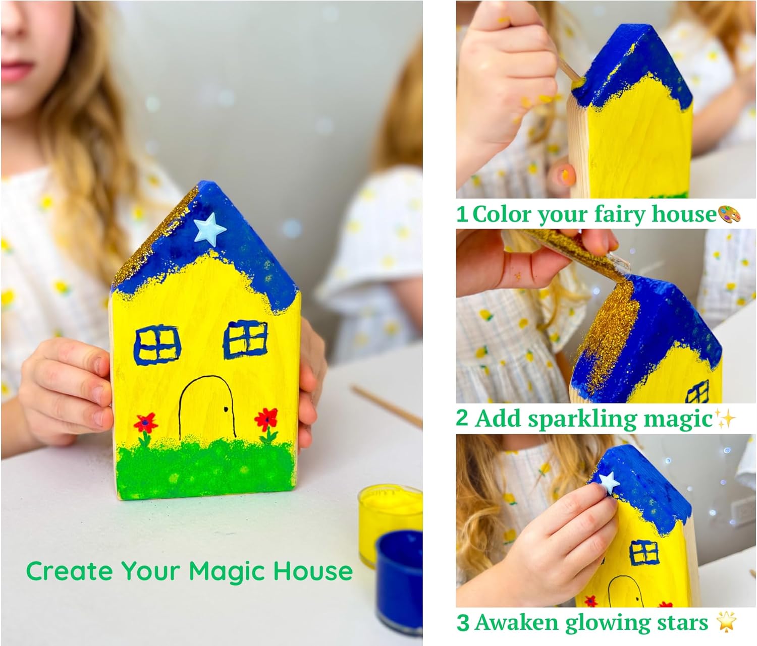 DIY Wooden Painting Craft Kit – Montessori Creative Art Set with Glow in The Dark Stars, Family STEM Activity | Handmade Gift for Boys & Girls | Paint Your Own Mini Houses (Natural Wood + Paint Set)