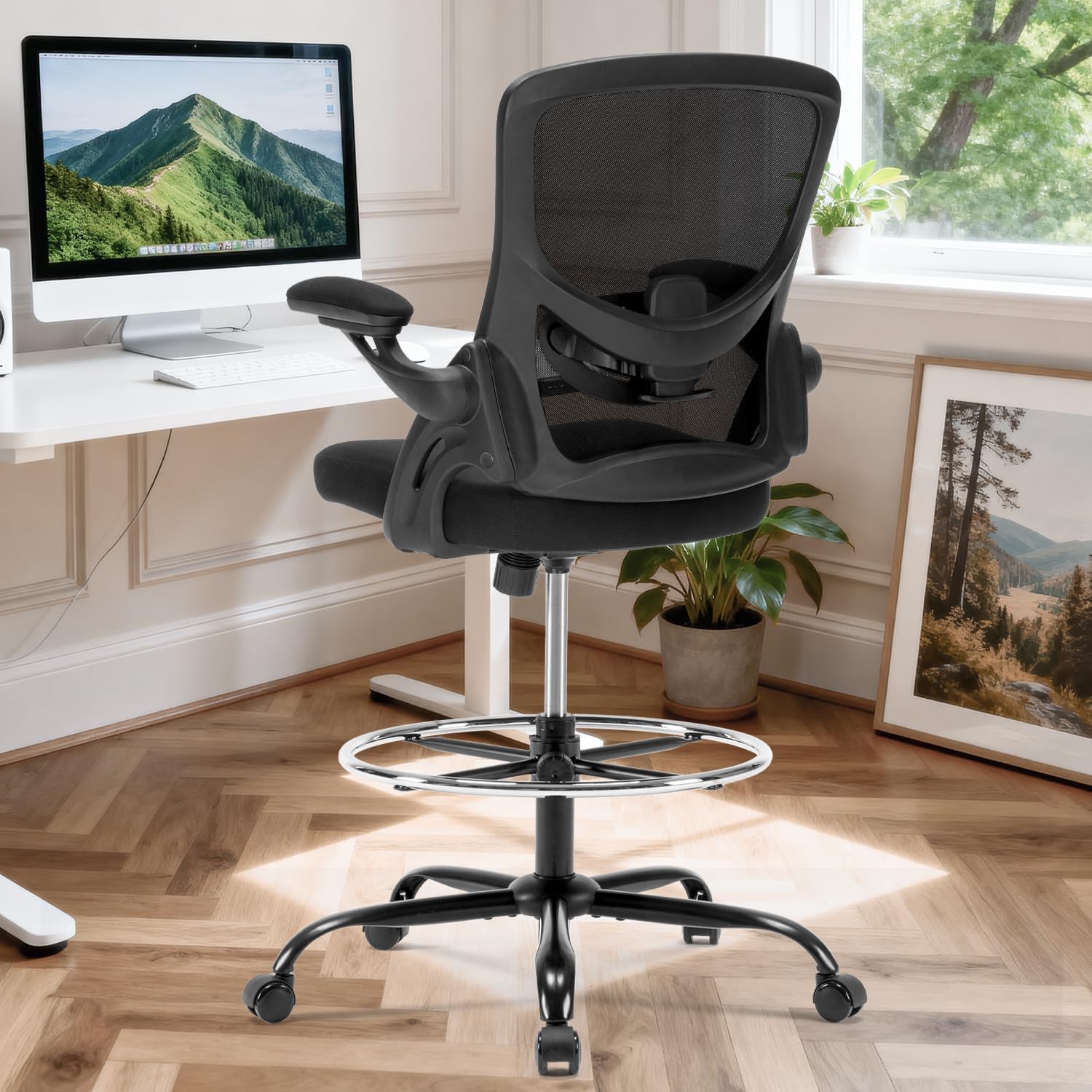 Drafting Chair Ergonomic Comuputer Standing Desk Chair with Flip-Up Arms and Lumbar Support, Tall Office Chair with Adjustable Footrest, Stool Counter Height Office Chairs Black