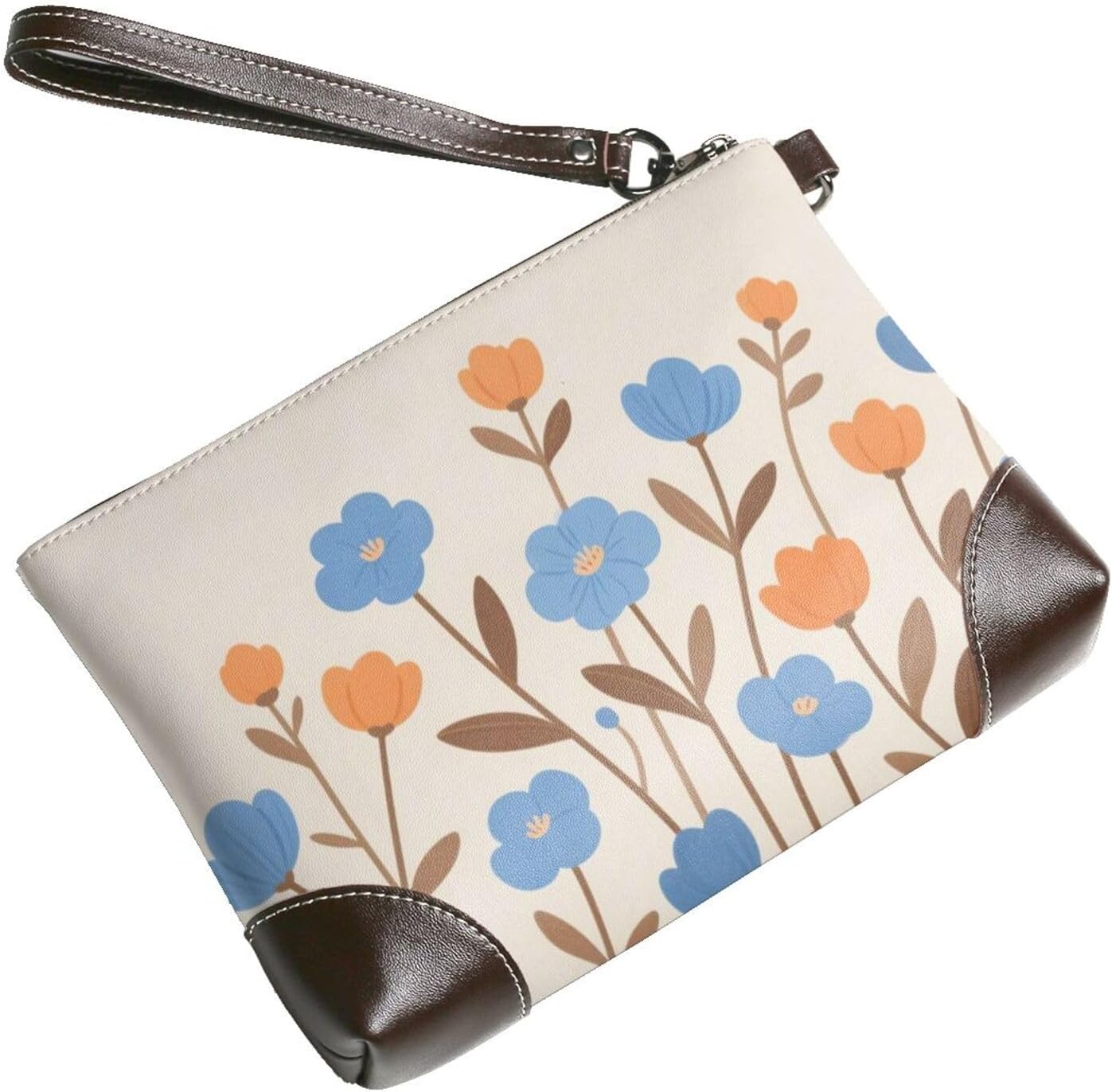 Orange Floral Leather Wristlet Wallet Clutch Purse for Women Handbags Travel Credit Card Holder Phone Bags