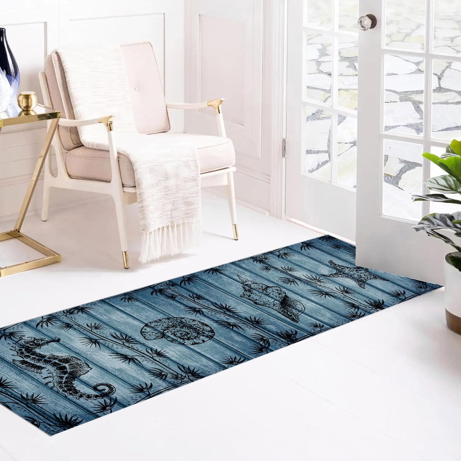 Rustic Coastal Runner Rug, 2x6ft, Ocean Wooden Board Seahorse Area Rug Seashell Starfish Washable Marine Animal Print Runner, Blue Non-Slip Doormat Printing Rugs for Living Room, Bedroom, Kitchen