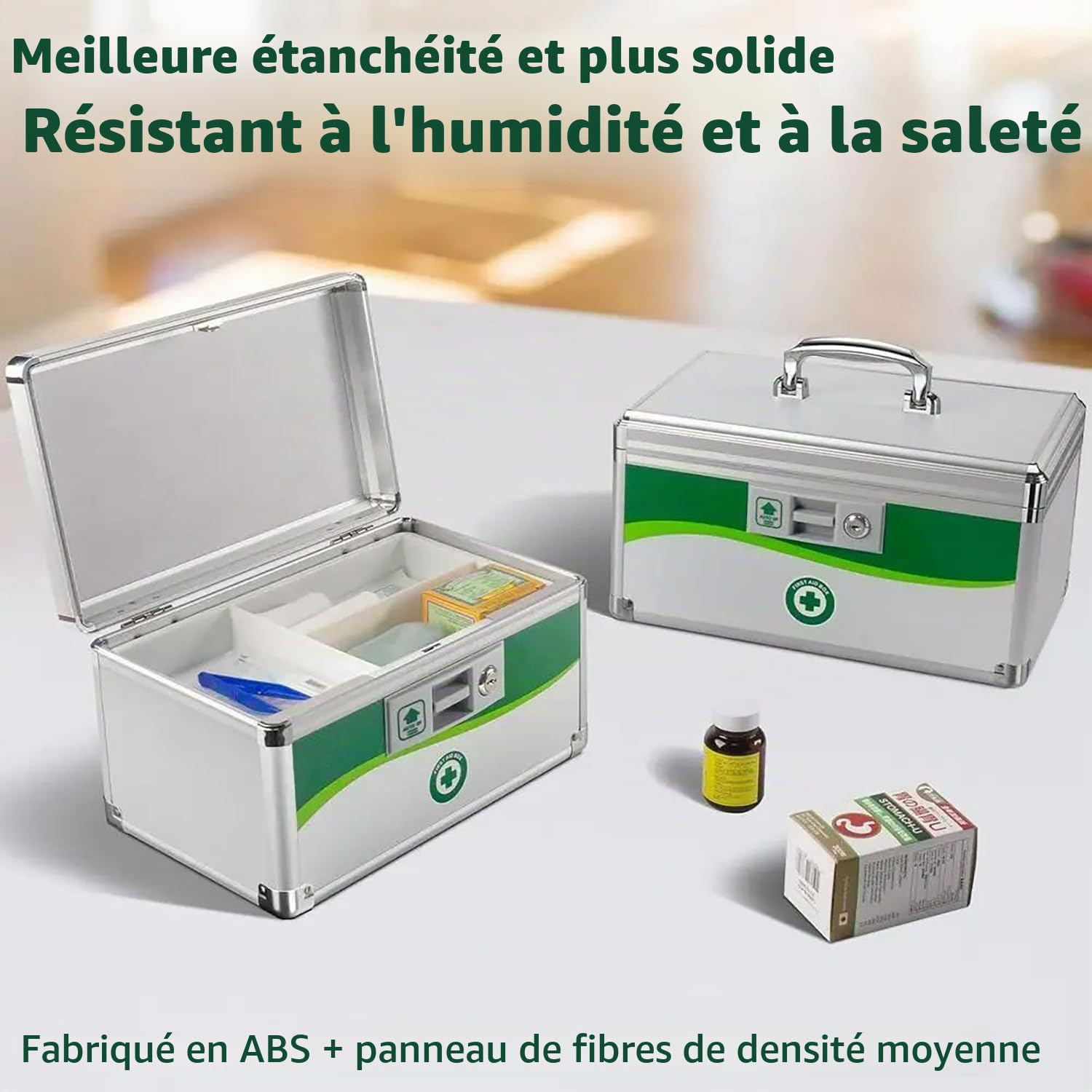 Boite a Pharmacie Rangement avec Clé, Boîte à Médecine Verrouillable, Boîte de Rangement pour Médicaments Quotidiens avec Clé et Poignée, Sécurité Enfant,25×17,5×17,5 cm