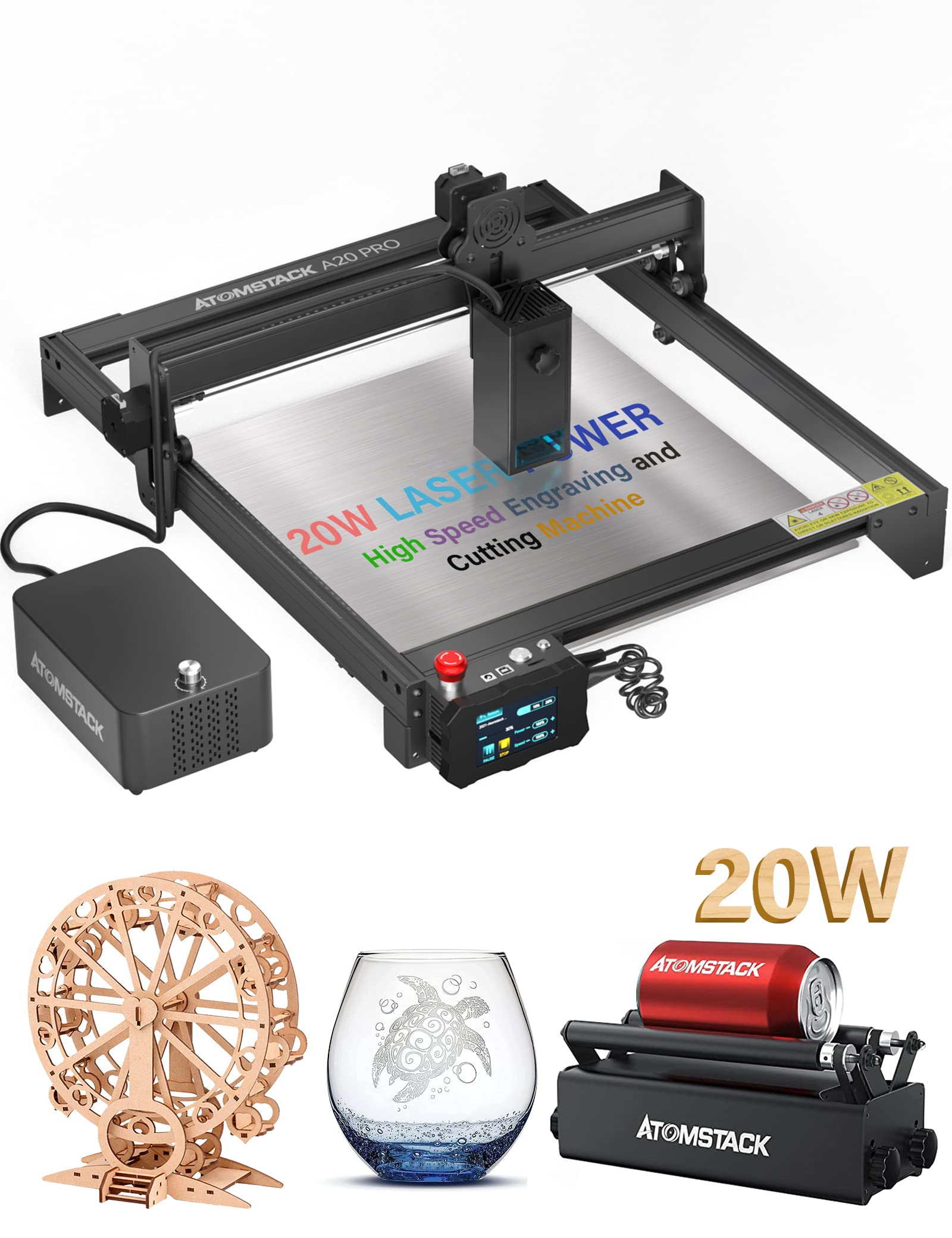 ATOMSTACK A20 Pro 20W Laser Engraver and Cutter, 130W Laser Engraving Cutting Machine with Air Assist Kit and R3 Rotary Roller,Laser Engraver for Wood and Metal, Vinyl, Acrylic, Glass