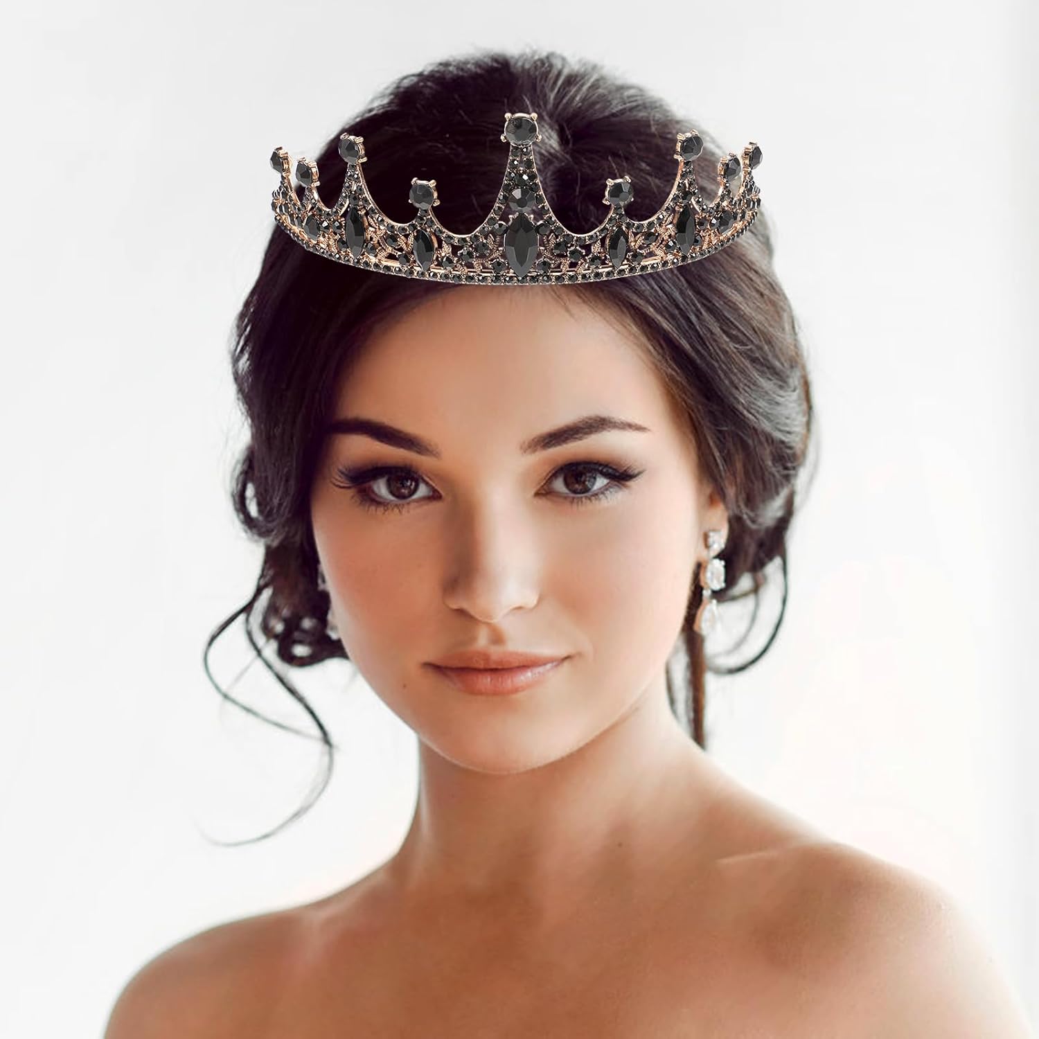 Lurrose Baroque Queen Crown Wedding Bridal Tiara Black Rhinestones Baroque Halloween Costume Prom Pageant Tiara for Women - Image 2