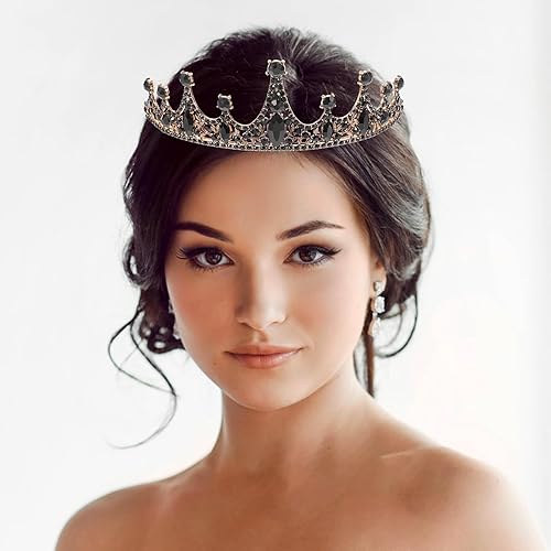 Vista 2 de Lurrose Tiara barroca de corona de reina para novia, diamantes de imitación negros, disfraz barroco de Halloween, baile de graduación, tiara
