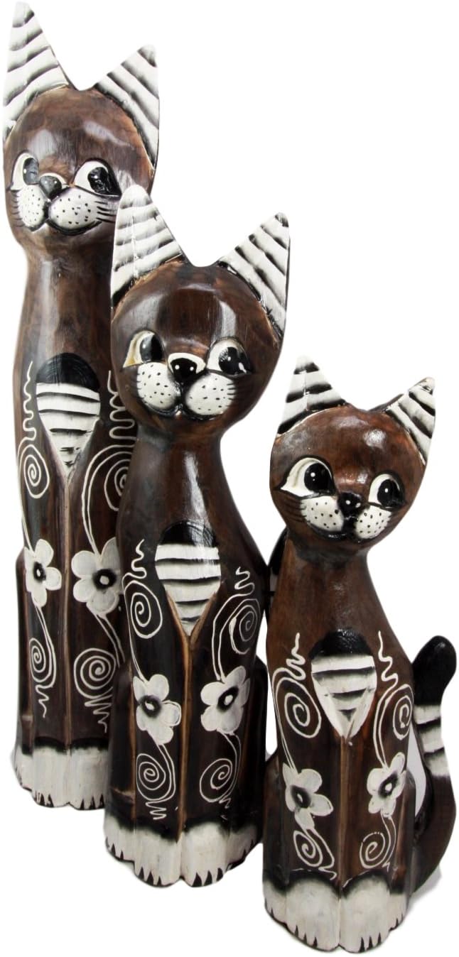 Balikraft Hand Made Wood Artisans "Kucing Banyuwangi" Large Striped Ears Feline Cats Family Set of 3 Decorative Figurines 20"H