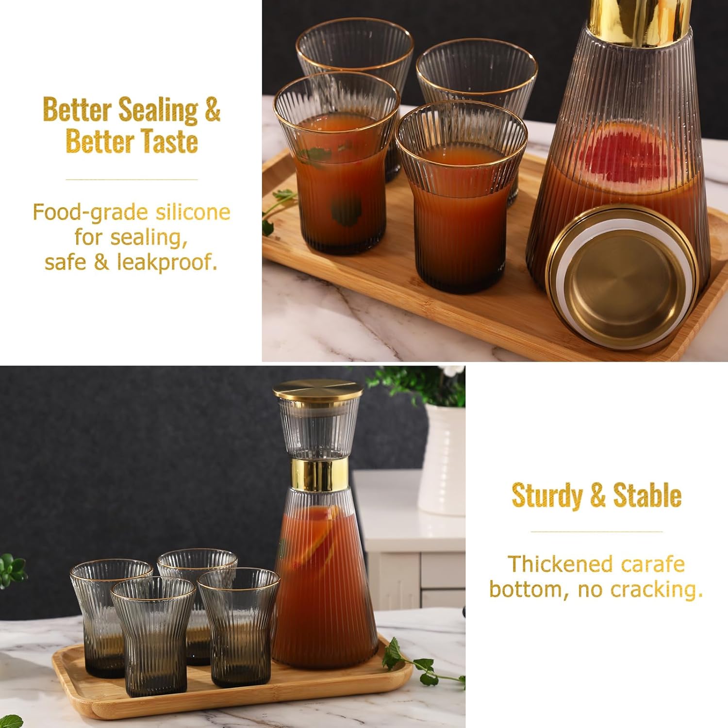 DUJUST Ribbed Black Glass Carafe Set, Elegant Water Carafes with Gold Decoration, 1 Crystal Glass Carafe with Golden Lid (44oz), 4 Cups & 1 Tray, with Thickened Bottom, Food-Grade Silicone, Leak-Proof