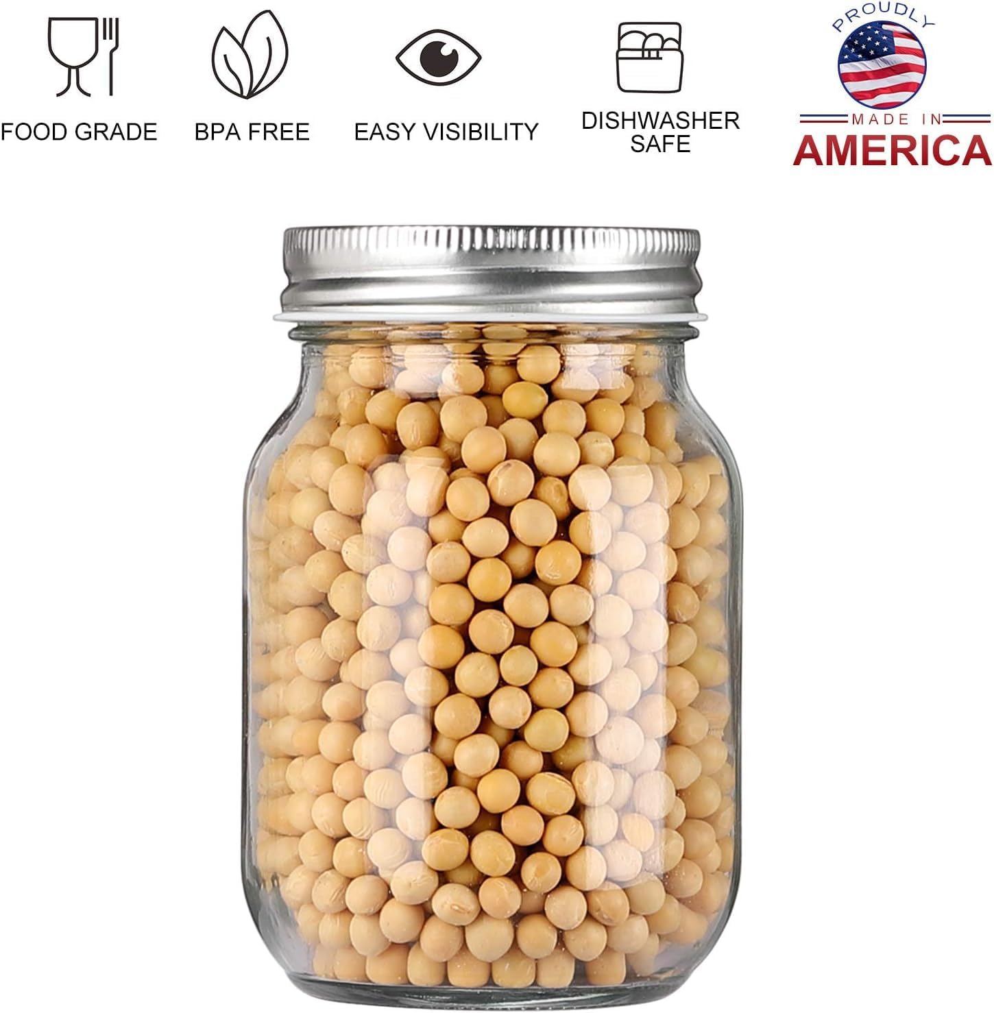 Glass Regular Mouth Mason Jars, 16 oz Clear Glass Jars with Silver Metal Lids for Sealing, Canning Jars for Food Storage, Overnight Oats, Dry Food, Snacks, Candies, DIY Projects (4PACK)