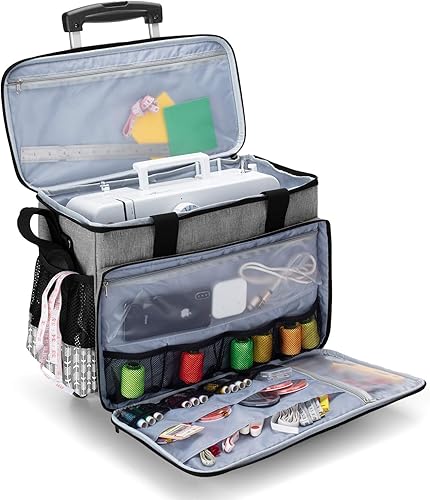 Miniatura 17 de Yarwo Funda de transporte mejorada para máquina de coser con ruedas, bolsa de mano desmontable con tabla inferior extraíble y pata de remolque