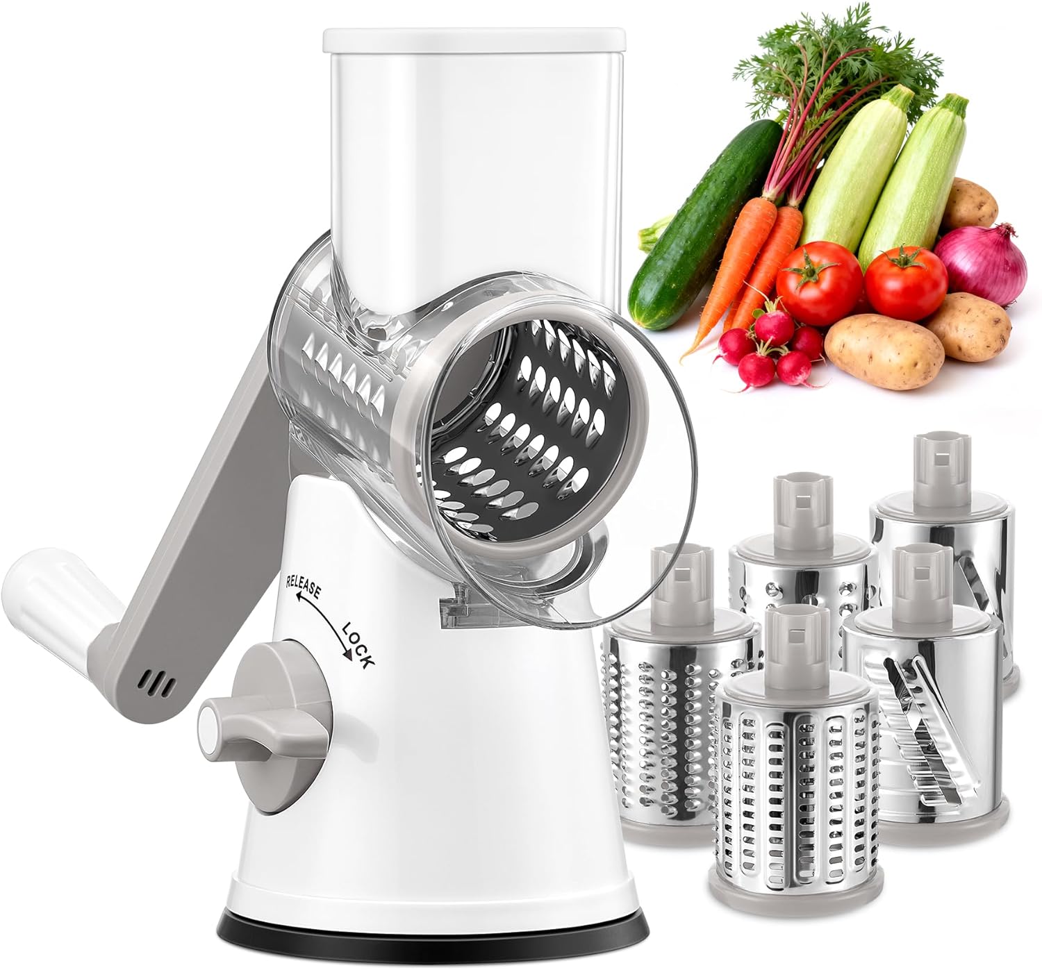 GDL Rotary Cheese Grater Hand Crank with 5 Interchangeable Blades - Upgraded Cheese Shredder Featuring Strong Suction Base for Cheese Shredding, Wavy Slicing, Nut Grinding, Ice Shaving