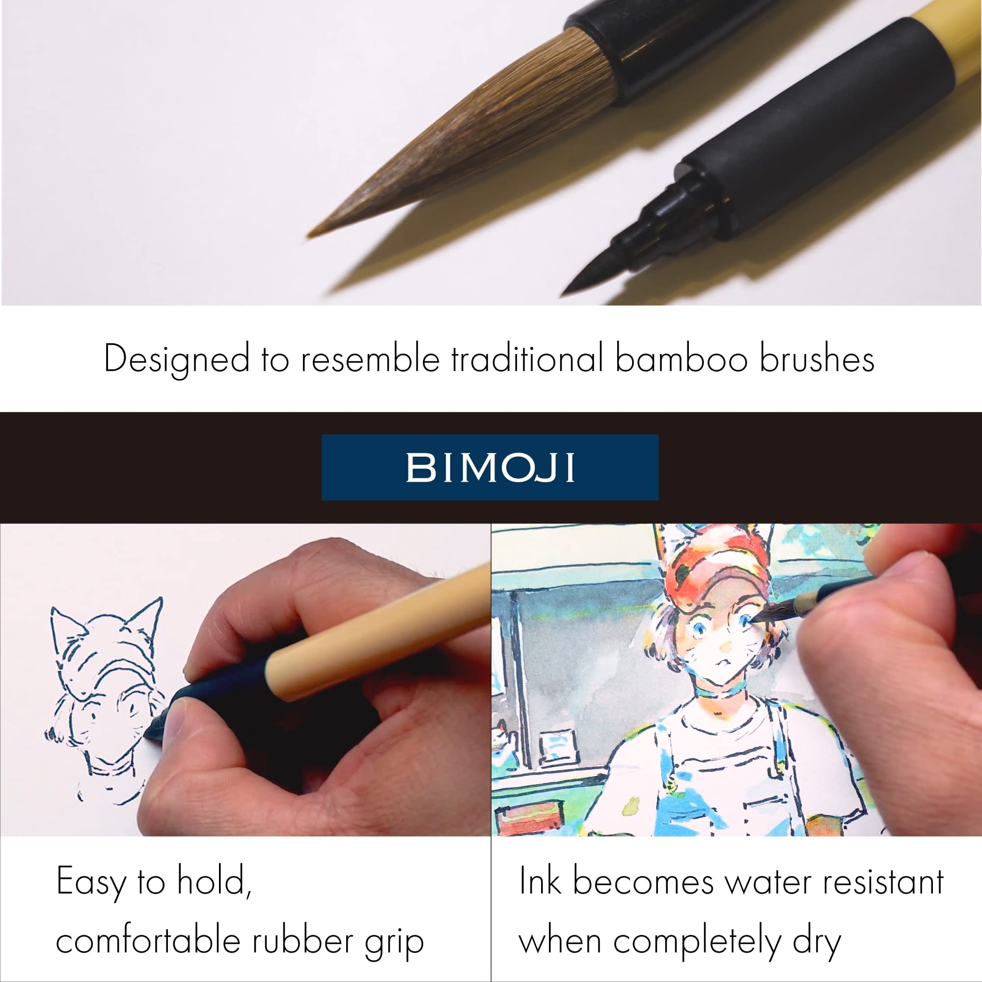 Set De 5 Stylos Pinceaux Kuretake Bimoji XT - Extra Fin, Fin, Moyen, Large, Pinceau, Encre Pigment Résistante à L'Eau