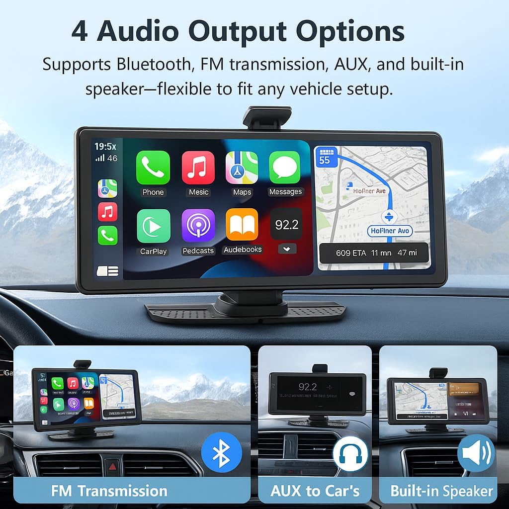 Image showing the NOBKLEN portable car stereo with its main display and three smaller insets demonstrating FM Transmission, AUX to Car's, and Built-in Speaker audio output options.