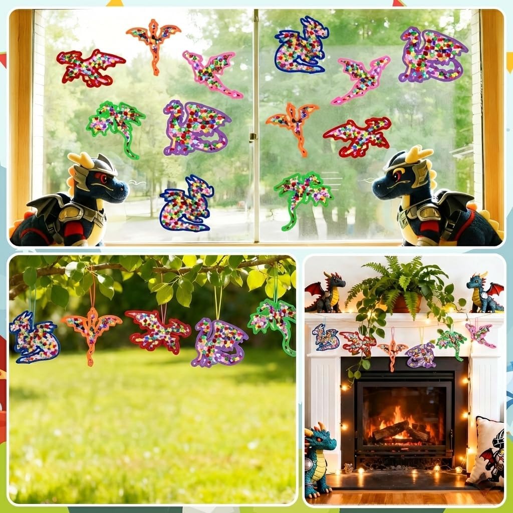 Woosytoo 24 Sets Dragon Suncatchers Craft Kit DIY Dragon Themed Window Stained Glass Effect Paper Christmas Hanging Ornaments Gift for Home School Classroom Birthday Party Favor Gift