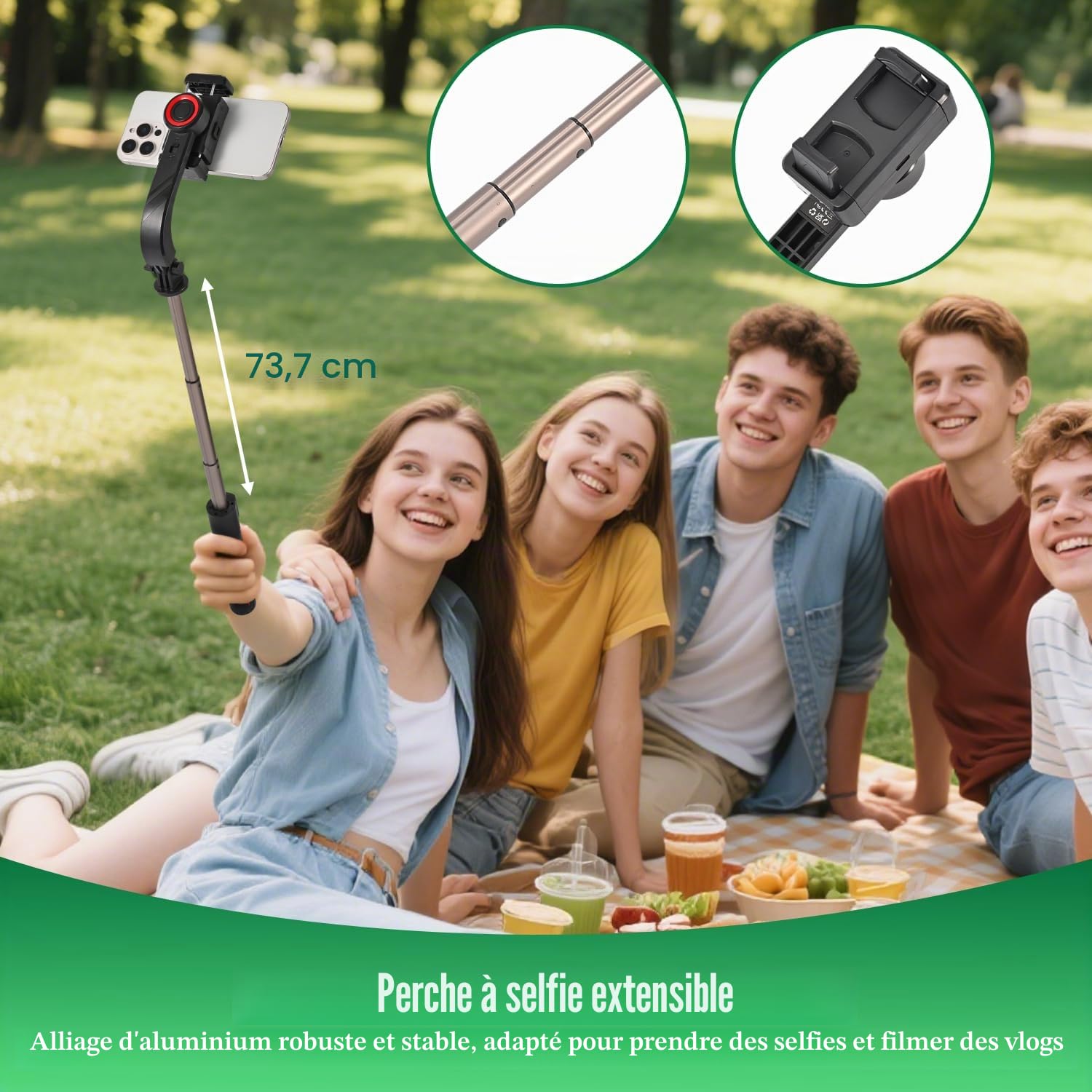 Stabilisateur de cardan pour smartphones, cardan de téléphone à 1 axe avec télécommande, perche à selfie portable et pliable et support de téléphone pour stabilisateur de vlogging, vidéos