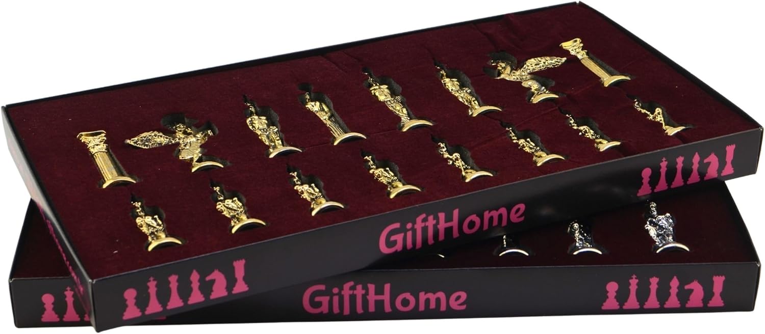 Mythologic Pegasus Figures Metal Chess Set for Adults,Handmade Pieces and Marble Design Wood Chess Board King 3.75 inc
