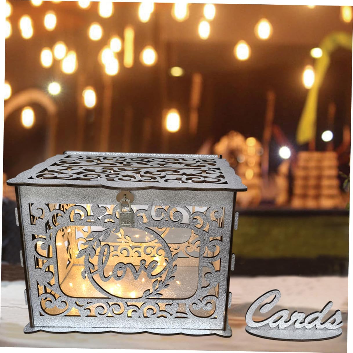 Wood Card Box Hollow Glitter Wedding Birthday Card Holder Container Envelope Message Collecting Box without LED Lights