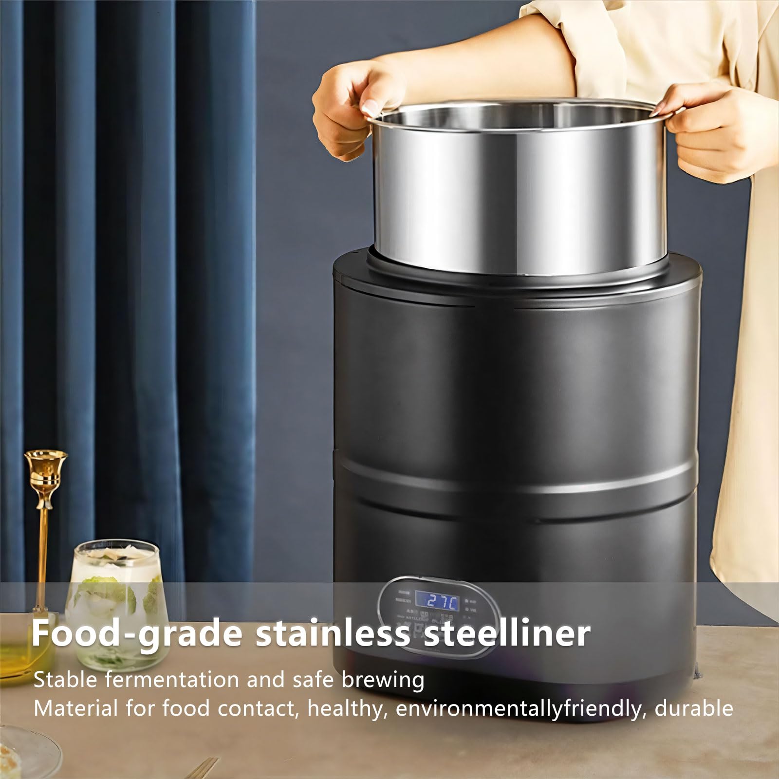 Fermentador de cocina multifuncional para yogur casero, vino de arroz y vinagre de frutas con control de temperatura, acero inoxidable de grado alimenticio XL