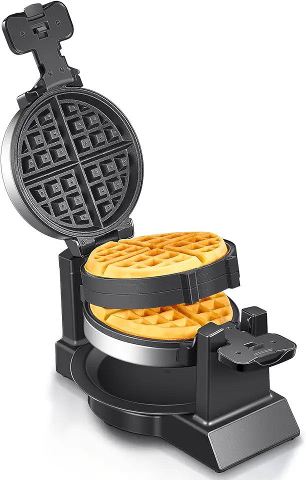 Yabano Máquina De Waffle Belga - Ferro Rotativo Profissional Com Tecnologia Double Flip, Placas Antiaderentes, Bandeja Removível E Alças Frias Ao Toque