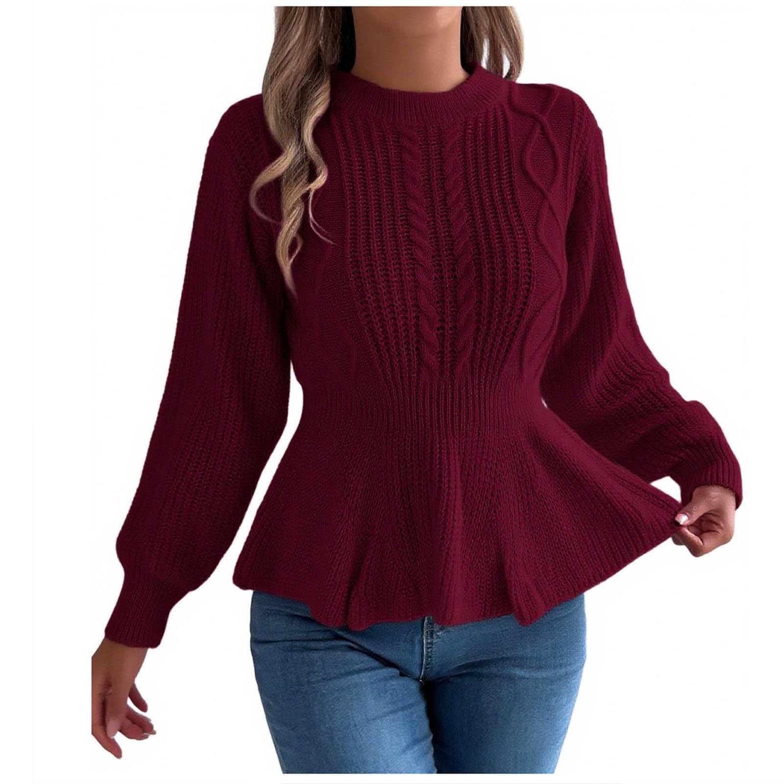 Ruffle Knit Sweaters for Women Crew Neck Long Sleeve Peplum Tops Sweater Jumper Solid Casual Babydoll Fashion Outfit