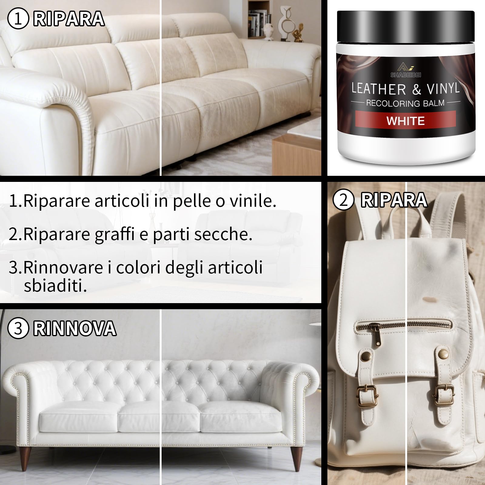 Set Riparazione Pelle Bianca con 200ml di Tinta per Pelle & 100ml di Olio Nutriente – Cuir Liquido, Grasso per Pelle & Rimuovi Graffi – Riparazione per Pelle e Vinile su Divani, Mobili, Sedili Auto