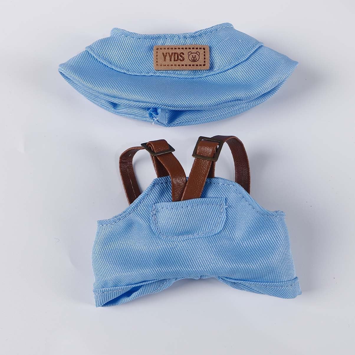 Compatible with Labubu 15cm/17cm (NO Doll) - Light Blue Bucket Hat & Overalls Set with Brown Straps, Doll Outfit Accessories (Light Blue)