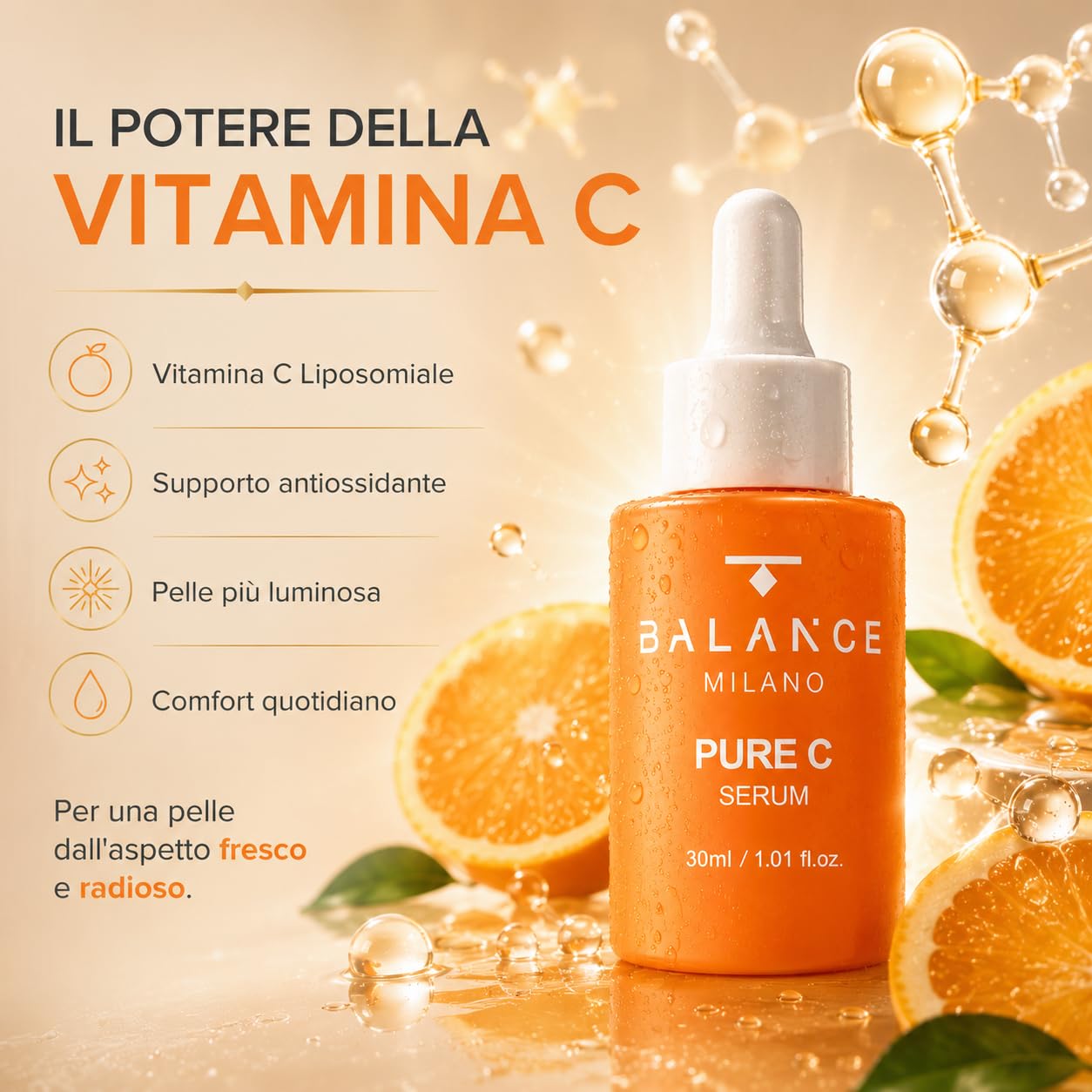 Siero Vitamina C Viso, Acido Ialuronico e Limone - Made in Italy - 30ml | Siero Illuminante Viso - Antiossidante e Anti-Macchia - Texture Fresca Rapido Assorbimento - Skin Care BALANCE MILANO