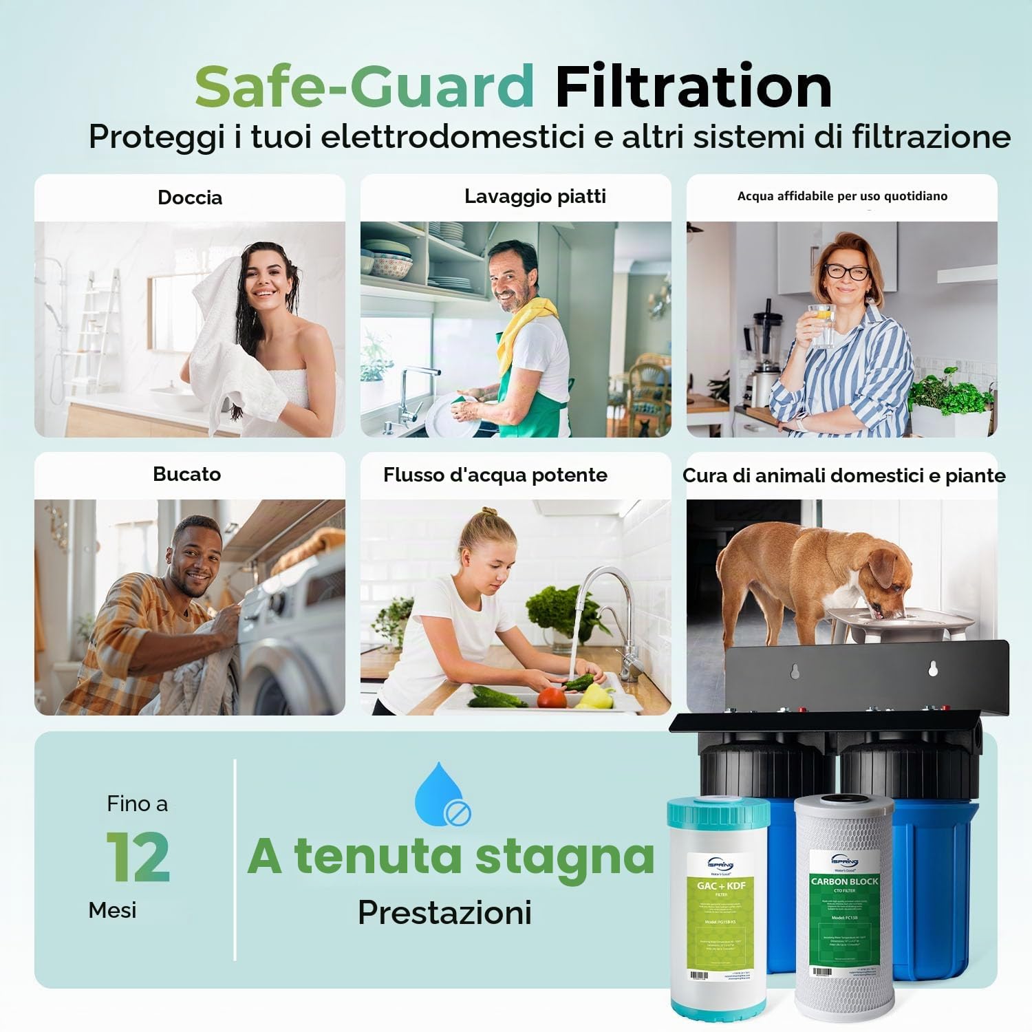iSpring WGB21B-KS Purificatore d'Acqua, Sistema di Filtrazione Acqua Ingresso Generale per Tutta la Casa, Filtro CTO 10"x4.5", Filtro KDF+GAC, Elimina Cloro, Ferro, Piombo e Odori, Connessione 1"