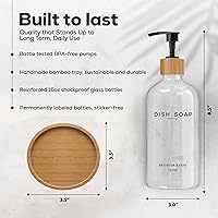Vista 3 de Clear Glass Dish Soap Dispenser by Brighter Barns - Kitchen Sink Set With Bamboo Tray - Modern Decor and Accessories, Minimalist Neutral Home (Clear)