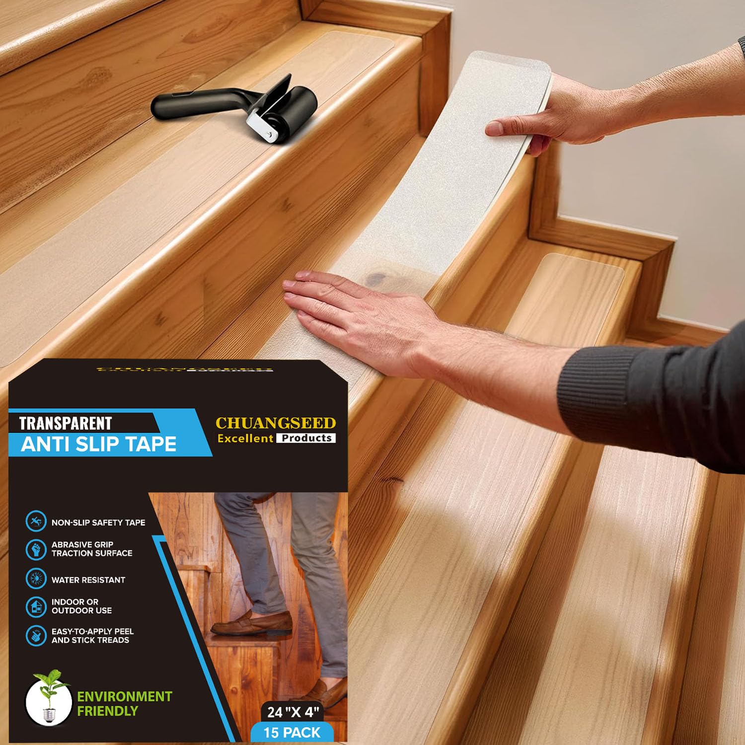 CHUANGSEED 15 Bandes 10cmx61cm,Transparent Ruban adhésif antidérapant escalier,Bandes Antidérapantes pour Bois escaliers et Salle de Bain,Clear Antiderapant Autocollant pour Marche escalier Interieur