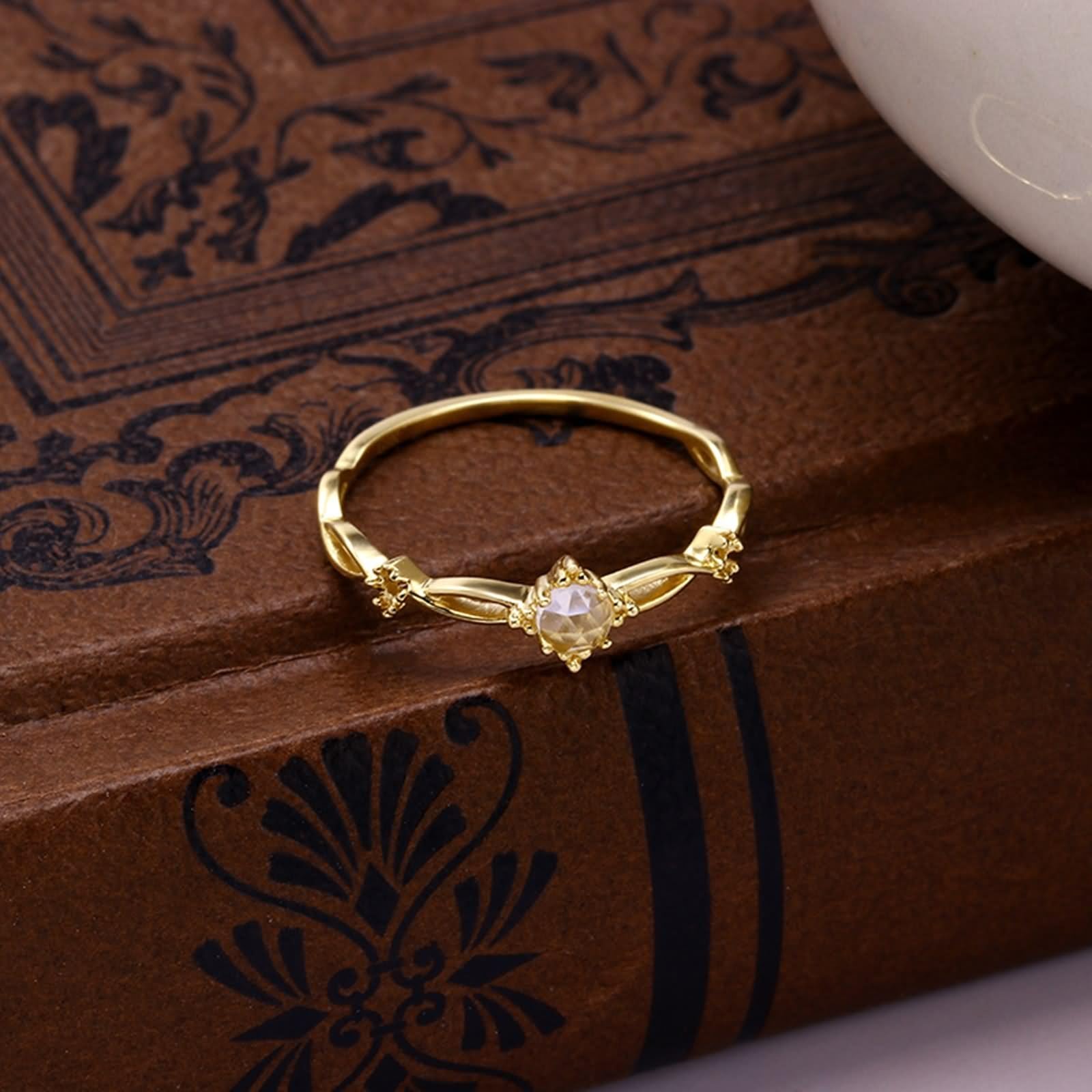 Anello di fidanzamento, anelli di abbinamento solitario fiore ritorto rotondo topazio bianco oro giallo