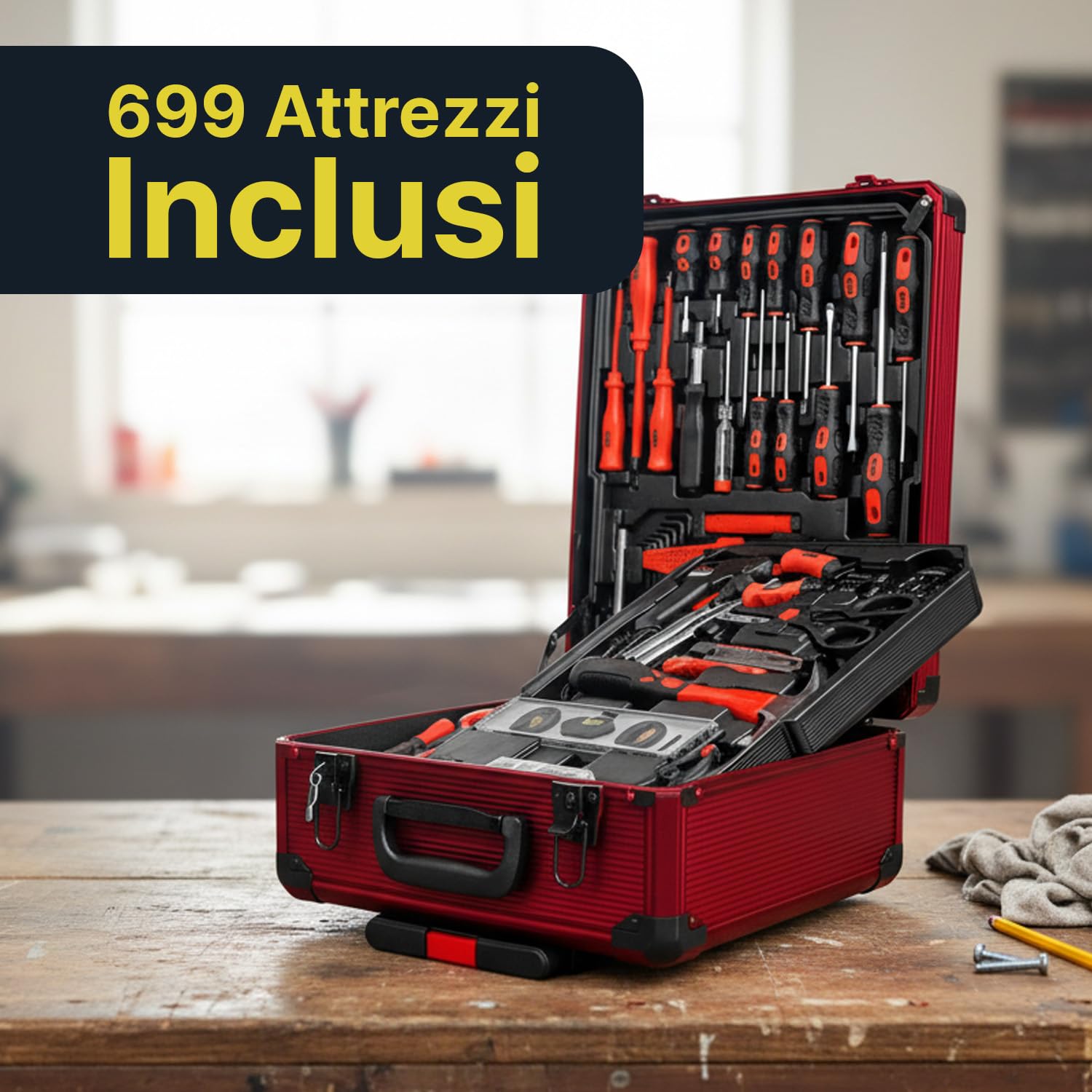 WINTEM - Trolley Porta Attrezzi 699 Pezzi Inclusi, cassetta Attrezzi Completa, Acciaio Cromo-Vanadio (CR-V) - Ruote Silenziate, Manico Telescopico e 4 Vassoi Estraibili - Kit Utensili, Casa e Officina
