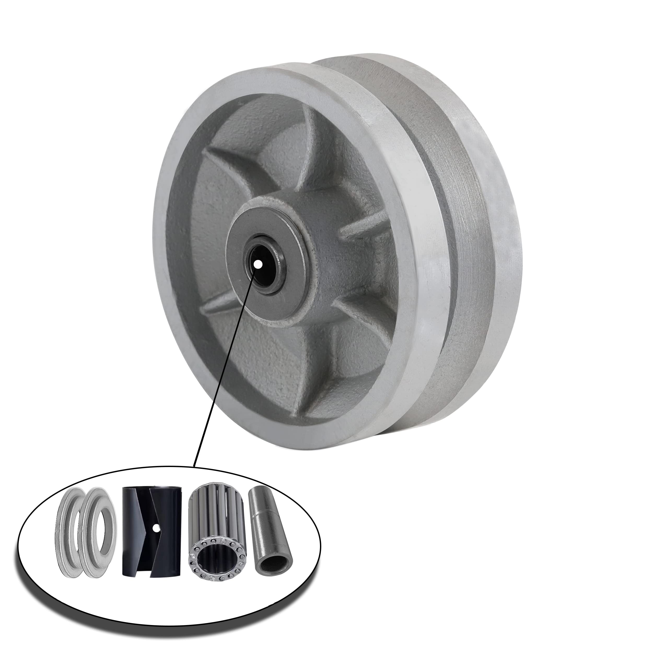 10,2 cm x 3,8 cm große V-Nut-Rad, aus Gusseisen, mit gerader Rollenlagerkapazität bis zu 362,9 kg (1 Silberrad).