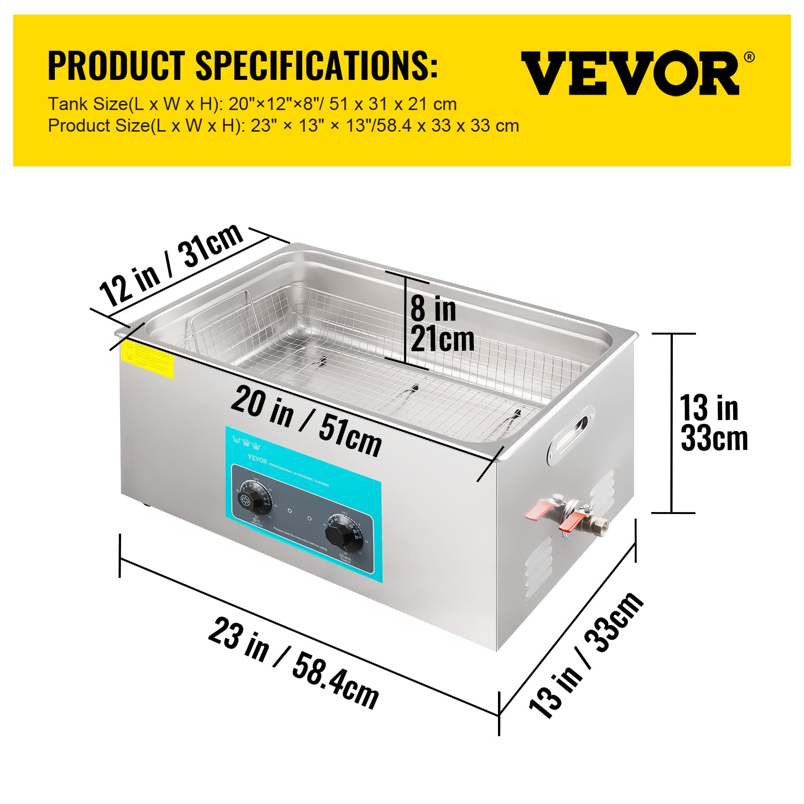 VEVOR Pulitore a Ultrasuoni 30 L Macchina Pulitrice a Ultrasuoni Controllo con Manopola in Acciaio Inossidabile 304, con Temporizzatore Riscaldatore per Gioielli, Orologi, Occhiali, Strumenti Dentali