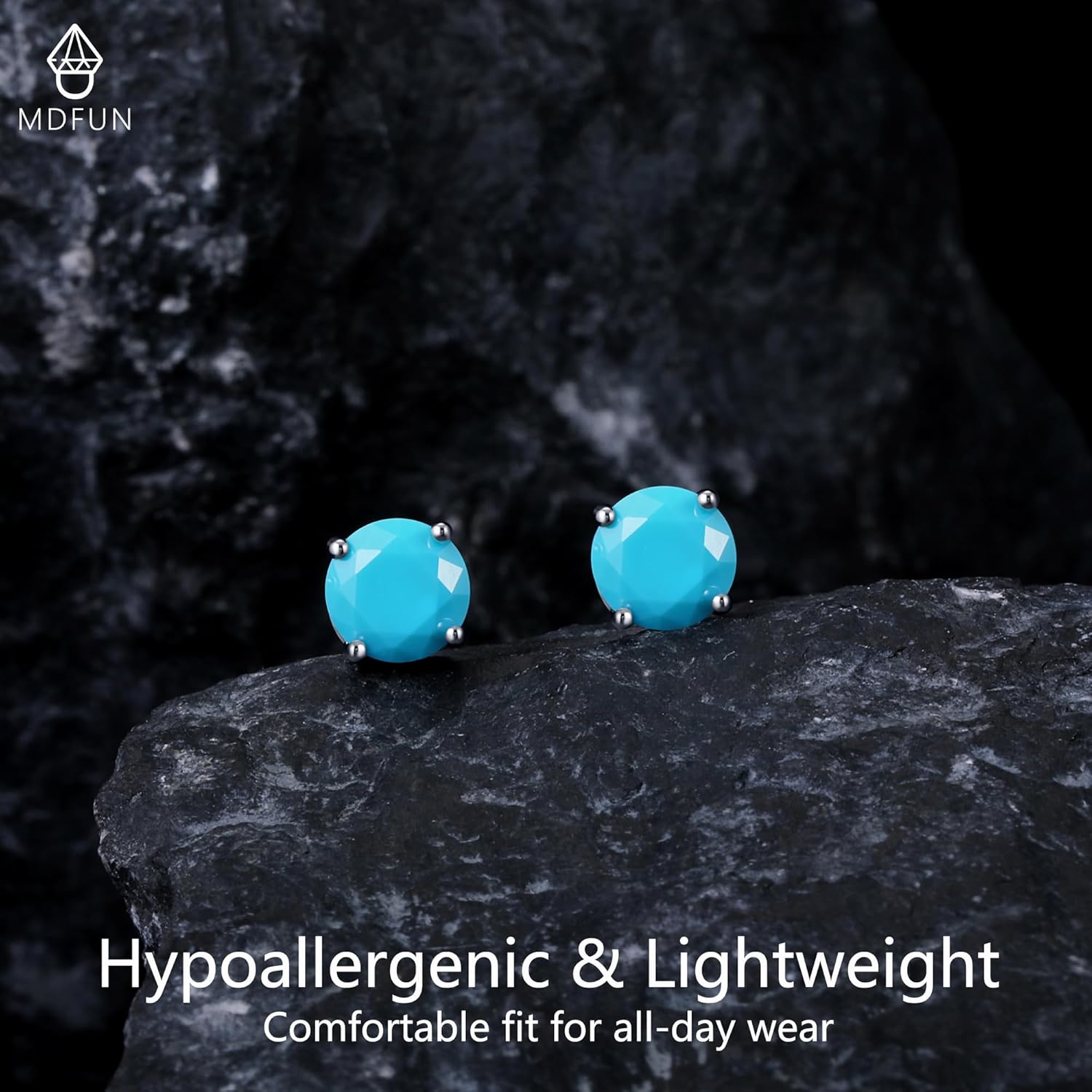 MDFUN 925 Sterling Silver Natural Larimar Earrings for Women Hypoallergenic 6MM Round Blue Gemstone Stud Jewelry