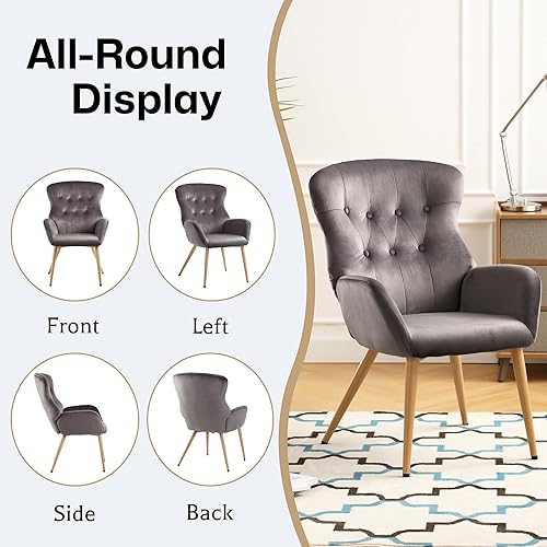 Miniatura 8 de Silla decorativa de terciopelo, silla de lectura copetuda con botones con respaldo de ala alta grande, cómoda silla de tocador tapizada con patas de