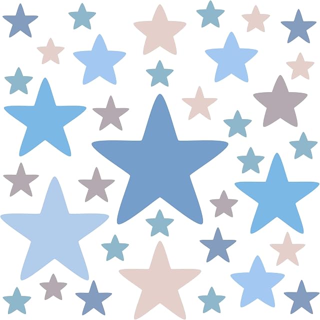 PREMYO Set of 36 Star Wall Stickers Kids - Nursery Decor Easy to Apply - Decals for Bedrooms for Boys Pastel Blue Grey