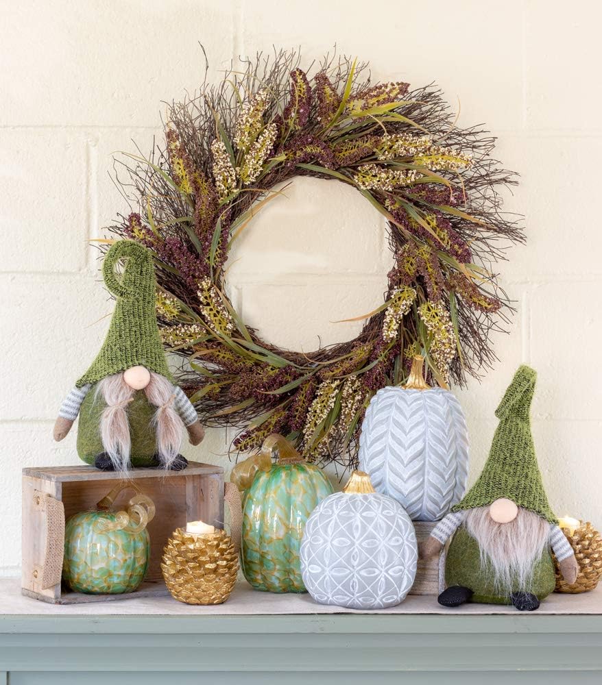 Decorative Handblown Glass Pumpkin Figurine, 5 x 8.5-Inches, Green and Gold image 2