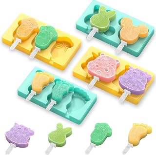2026 New Kids Cartoon Popsicle Molds - 4 Pack, 10-Cavity Food-Grade Silicone Ice Pop Cream Molds, with Reusable Sticks, Non-Stick Flat Design, Easy Release, Stackable for Space Saving