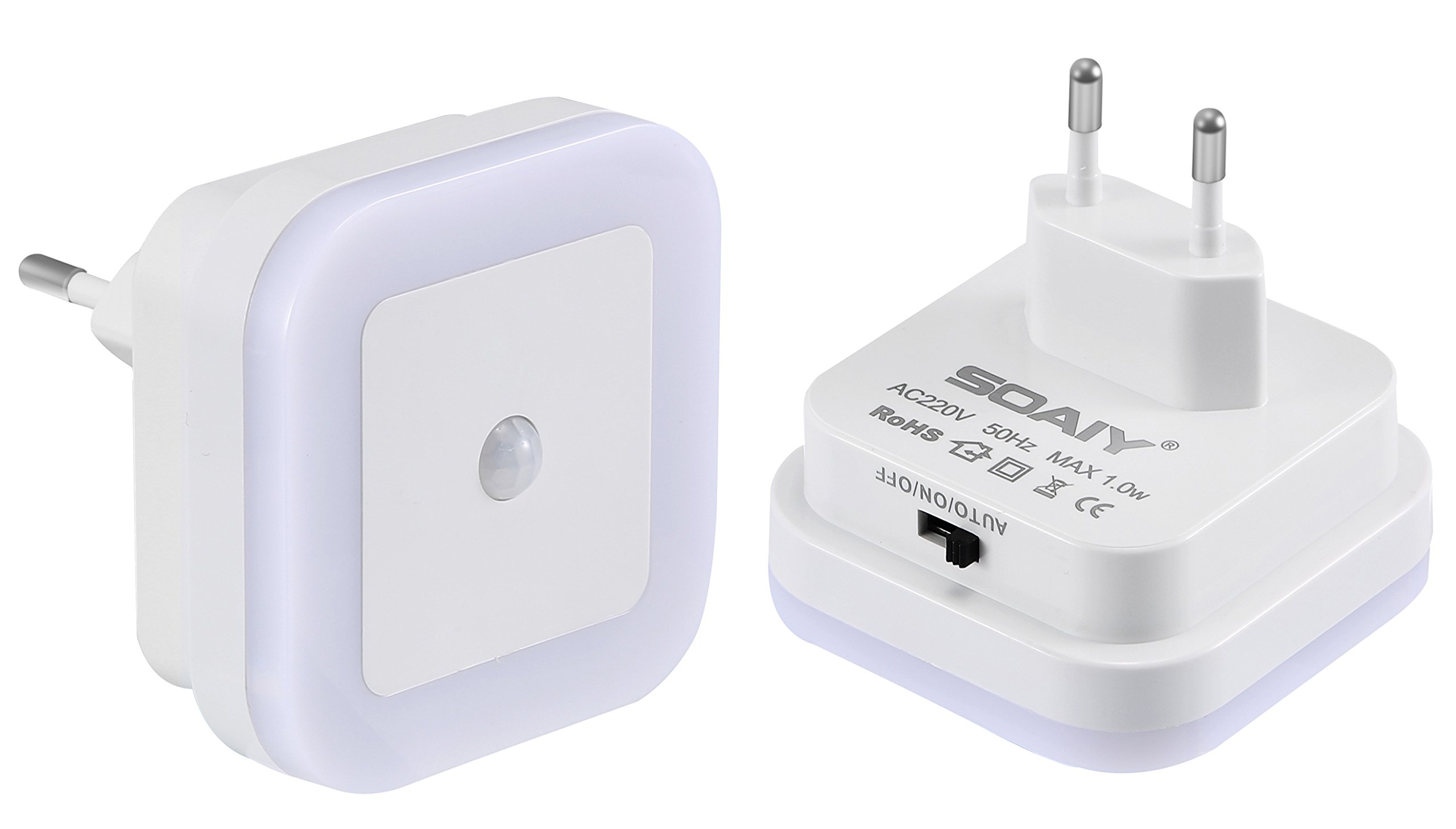 SOAIY 2er-Set LED Nachtlicht mit Bewegungsmelder 3 Betriebsarten AUTO/ON/OFF energiesparend Steckdosenlicht PIR Sensorleuchte Orientierungslicht Kaltweiß Kinderzimmer Flur Treppe