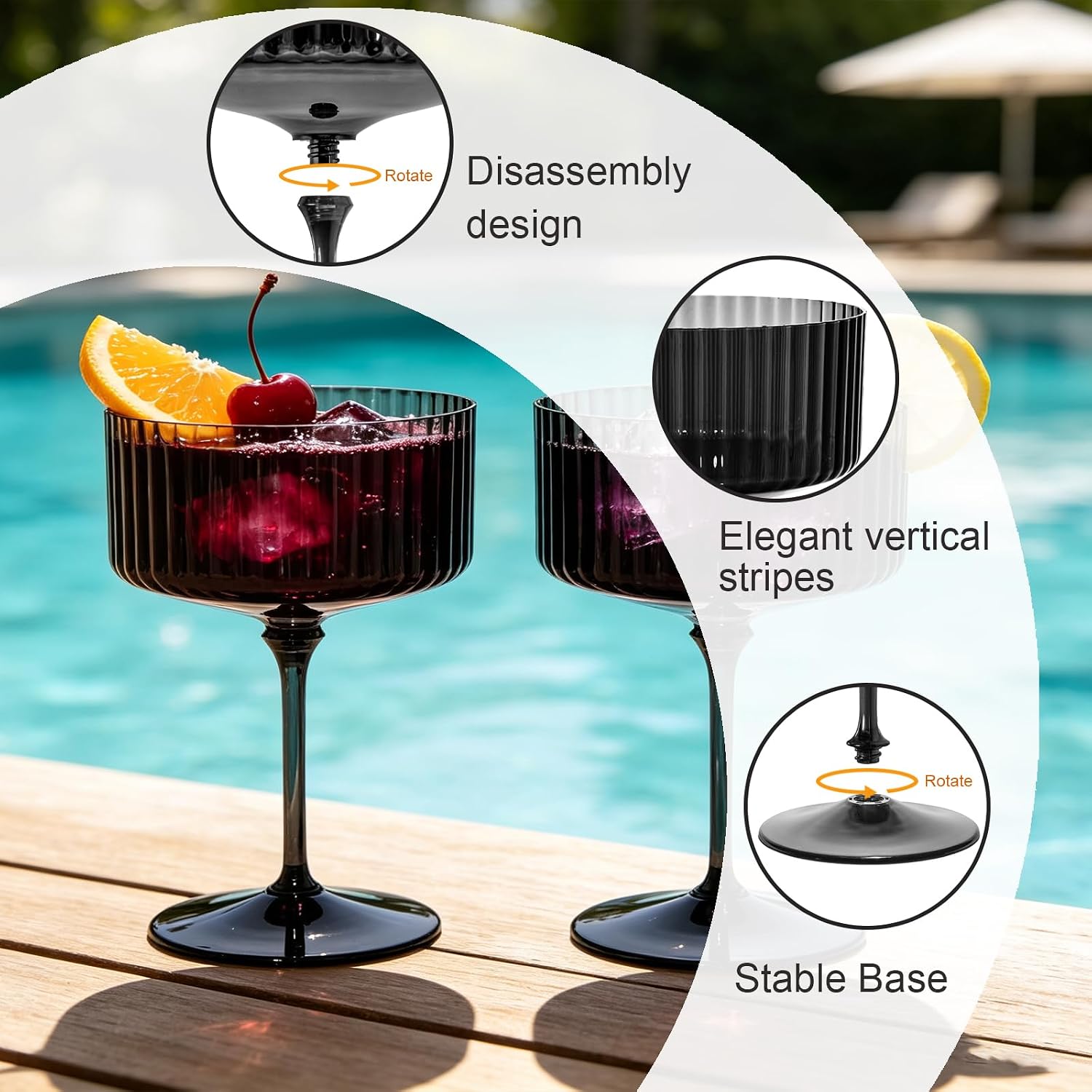 48PCS Detachable Plastic Martini Glasses, 10oz Plastic Ribbed Coupe Glasses with Stem Reusable Striped Champagne Vintage Wine Glasses Disposable Cups for Wedding Cocktail Party Bar Supplies Black