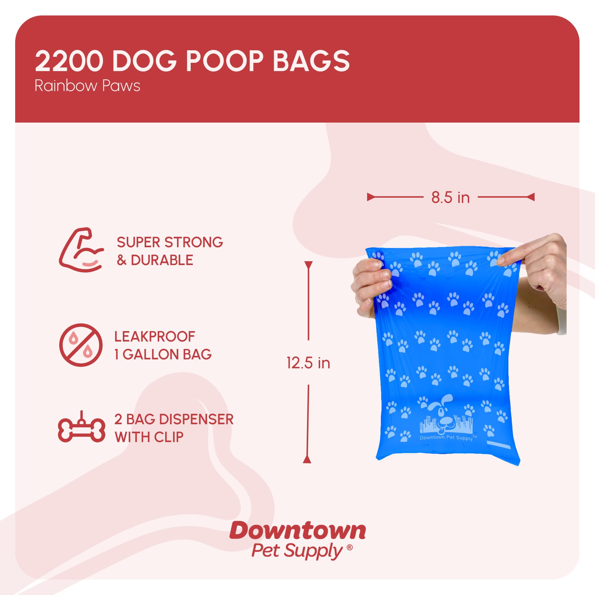 Downtown Pet Supply Bolsas Basura Perro Mascotas Con Correa Dos Clips Y Dispensadores, 2200 Bolsas, Arco Iris Con Impresiones De La Pata
