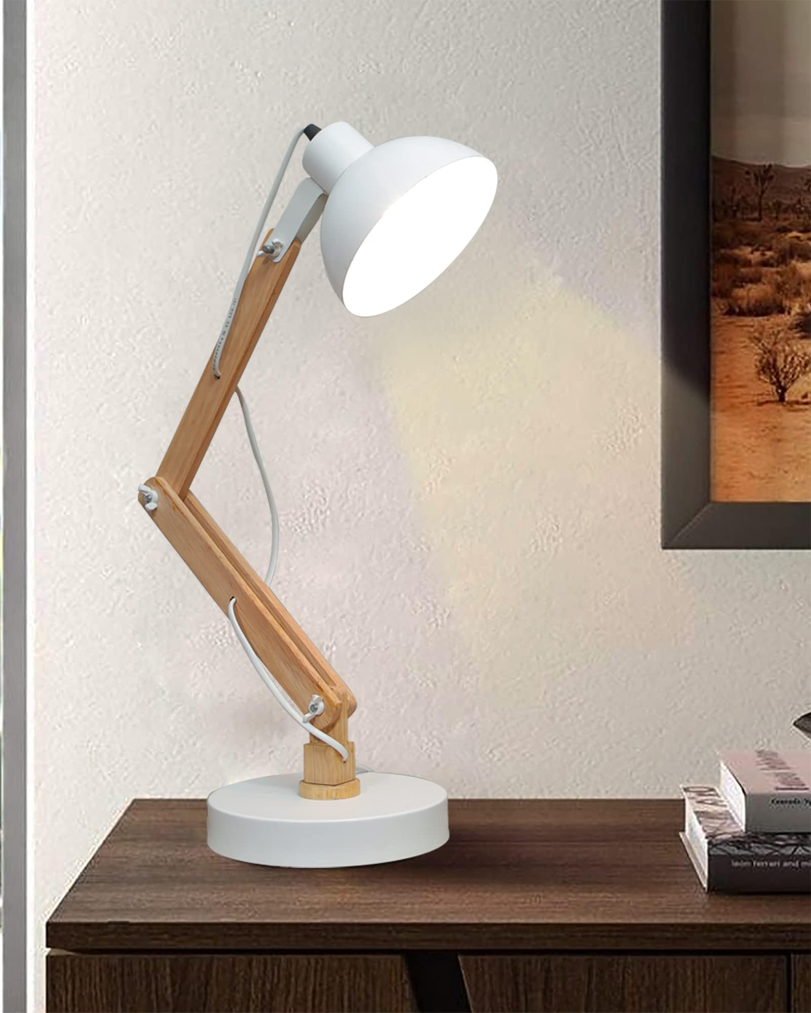 Homesake Wood Table Lamp, Incandescent Study, Home Decor Items, for Living Room, Light, Desk Lamp, Table, Bedroom, Reading, for Students, Room Decor, Bedroom, Office, Kids, Swing Arm, White-picture-10