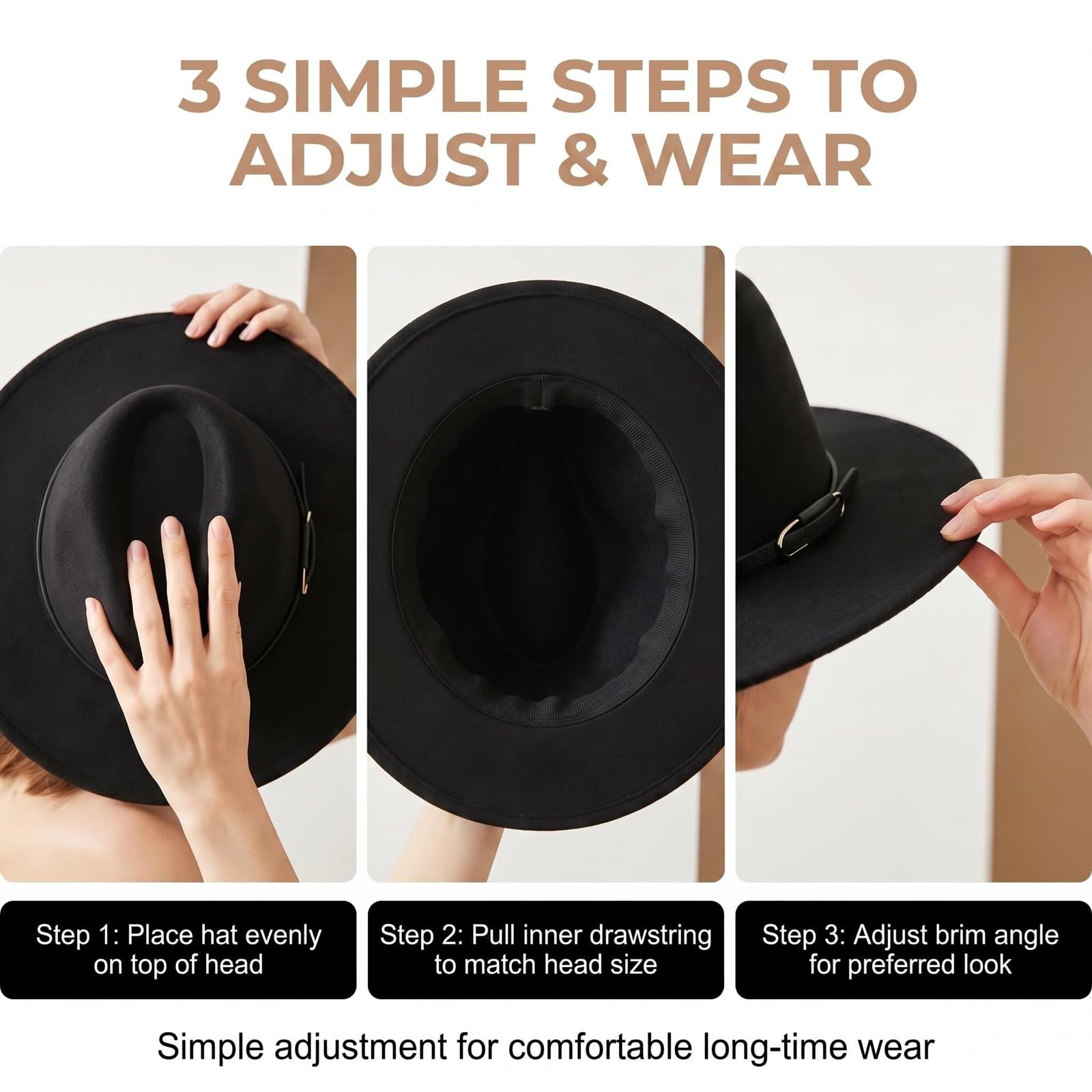 Fedora unisexe classique en laine mélangée avec large bord en feutre Chapeau Panama Trilby Chapeau d'église Derby avec boucle de ceinture Noir