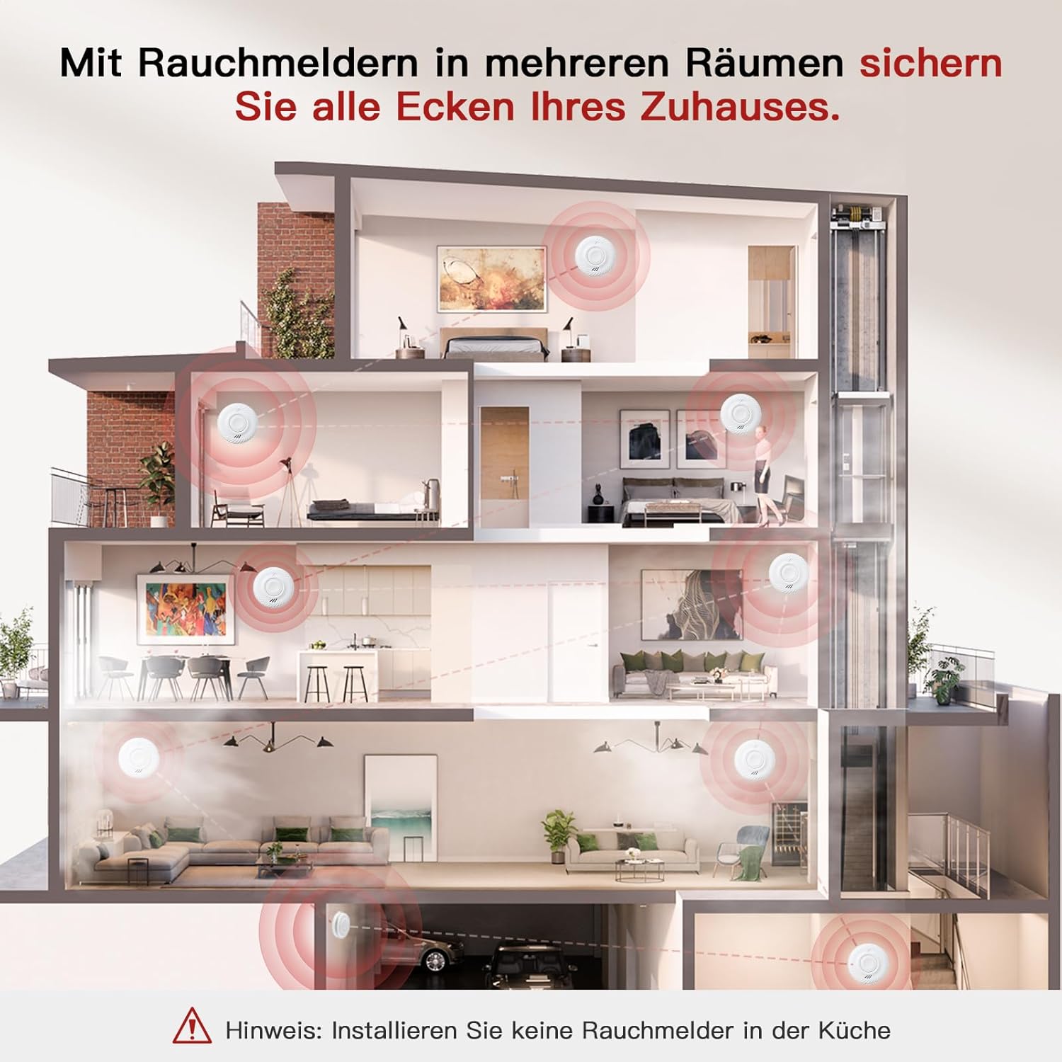 Recommended placement of PHYSEN WiFi Smoke Detectors throughout a multi-story home.